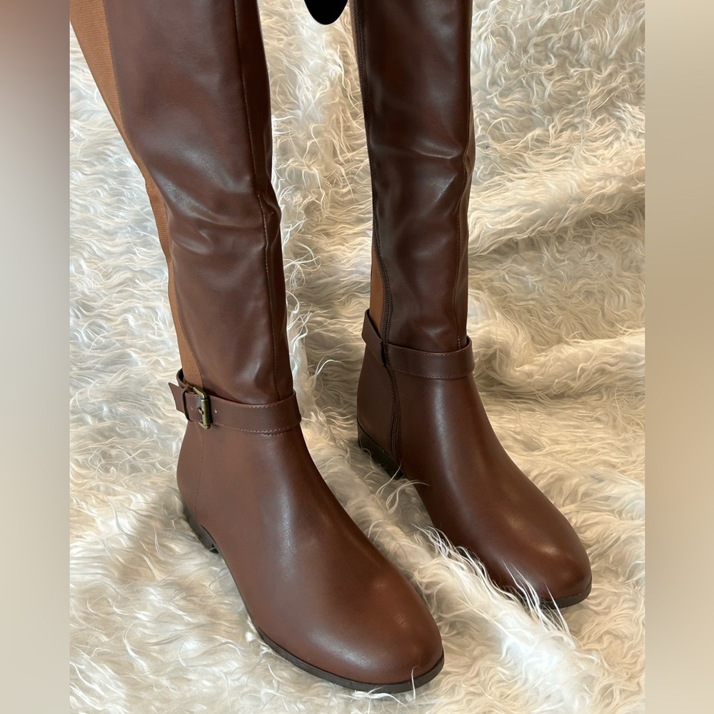 NWT Tall Two Tone Boots Brown Over The Knee Stretch Fit Round Toe Low Heels 9.5 - Picture 4 of 6